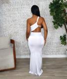 White Women's One Shoulder Cut Out Sexy Pleated Women Evening Club Prom Maxi Dress