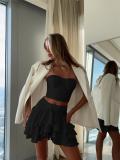 Black Two Pieces Off Shoulder Crop Tops Pleated Cake Mini Skirt Sets