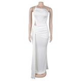 White Women's One Shoulder Cut Out Sexy Pleated Women Evening Club Prom Maxi Dress