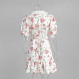 White Short Sleeve Printed Floral Button Ruffles Office Lady Casual Skirt Dress