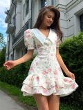White Short Sleeve Printed Floral Button Ruffles Office Lady Casual Skirt Dress