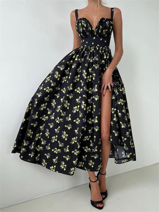 Black Printing Floral V Neck Straps Fashion Women Slim Summer Lace Up Long Dress
