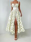 Green Printing Floral V Neck Straps Fashion Women Slim Summer Lace Up Long Dress