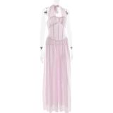 Pink Mesh Halter Sexy V Neck Women Elegant Party Pleated Long Dress