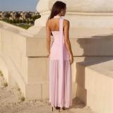 Pink Off Shoulder Mesh Pleated Waist Ruched Evening Elegant Dress