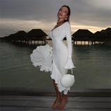 White Low Cut Long Sleeve Single-Breasted Bodycon Sexy Ruffles Maxi Dress