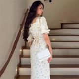 White Half Sleeve Printed Floral Satin Women's Casual Maxi Dress