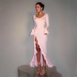 Pink Low Cut Long Sleeve Single-Breasted Bodycon Sexy Ruffles Maxi Dress