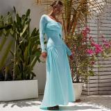 Blue Off Shoulder Mesh Ruched Pleated Evening Party Long Dress