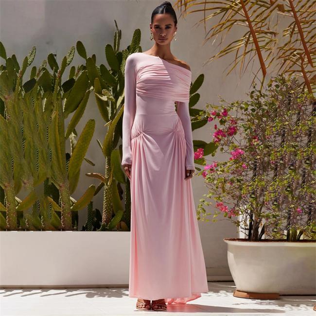 Pink Off Shoulder Mesh Ruched Pleated Evening Party Long Dress