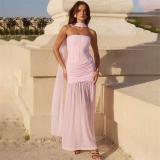 Pink Off Shoulder Mesh Pleated Waist Ruched Evening Elegant Dress