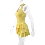 Yellow Halter V Neck Sexy Backless Evening Party Ruffles Skirt Dress