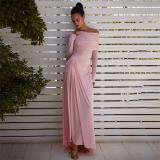Pink Off Shoulder Mesh Ruched Pleated Evening Party Long Dress