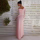 Pink Off Shoulder Mesh Ruched Pleated Evening Party Long Dress