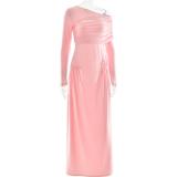 Pink Off Shoulder Mesh Ruched Pleated Evening Party Long Dress