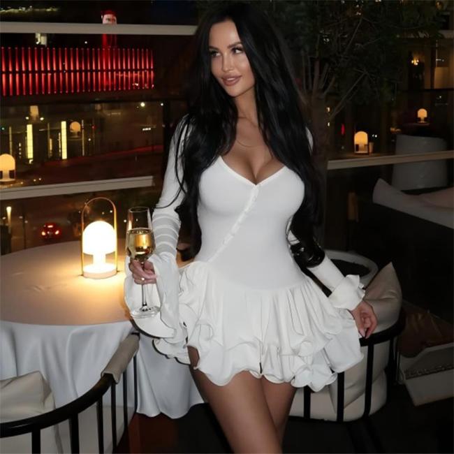 White Flare Long Sleeve Single-Breasted Pleated Ruffles Club Mini Dress