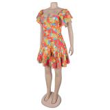 Orange Red Ruffles Flare Low Cut Printed Fashion Club Skirt Dress