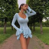 Blue Flare Long Sleeve Single-Breasted Pleated Ruffles Club Mini Dress