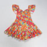Orange Red Ruffles Flare Low Cut Printed Fashion Club Skirt Dress