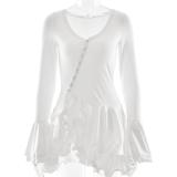 White Flare Long Sleeve Single-Breasted Pleated Ruffles Club Mini Dress