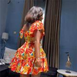 Orange Red Ruffles Flare Low Cut Printed Fashion Club Skirt Dress