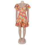 Orange Red Ruffles Flare Low Cut Printed Fashion Club Skirt Dress