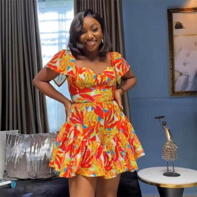 Orange Red Ruffles Flare Low Cut Printed Fashion Club Skirt Dress