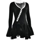 Black Flare Long Sleeve Single-Breasted Pleated Ruffles Club Mini Dress