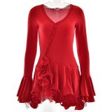 Red Flare Long Sleeve Single-Breasted Pleated Ruffles Club Mini Dress