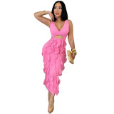Pink Deep V Neck Cut Out Bodycon Mesh Ruffles Evening Party Midi Dress