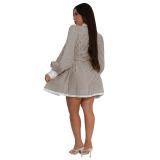Coffee Long Sleeve Printed Striped Button Women T-Skirt Dress