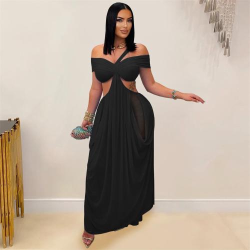 Black Low Cut Straps Low Cut Cut Out Mesh See Through Pleated Club Maxi Dress