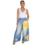 Blue Yellow Printed Women Fashion Street Wide Leg Pant Trousers