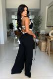 Black Sleeveless Wavy Lines Splicing Wide Leg Elegant Jumpsuit Dress