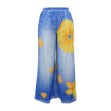 Blue Yellow Printed Women Fashion Street Wide Leg Pant Trousers