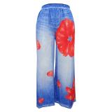 Blue Red Flowers Printed Women Fashion Street Wide Leg Pant Trousers