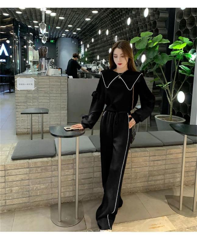 Black Women's Loose Wide Leg Pants Two-Piece Casual Student Outfit Autumn Trendy Sweatshirt