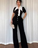 Black Short Sleeve Elegant Women Patchwork Office Lady Casual Jumpsuit Dress