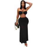 Black Two Pieces Crop Tops Mesh See Through Pleated Bodycon Maxi Club Dress