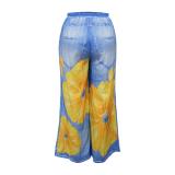 Blue Yellow Printed Women Fashion Street Wide Leg Pant Trousers