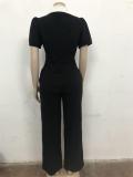 Black Short Sleeve Elegant Women Patchwork Office Lady Casual Jumpsuit Dress