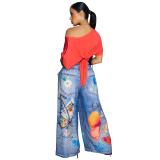 Blue Red Printed Women Fashion Street Wide Leg Pant Trousers Leggings