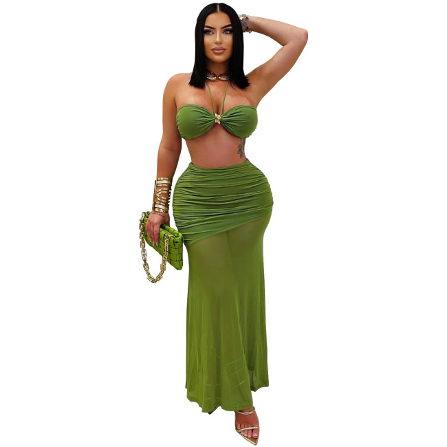 Green Two Pieces Crop Tops Mesh See Through Pleated Bodycon Maxi Club Dress