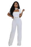 White Short Sleeve Square Neck Chains Bodycon Women Sexy Jumpsuits