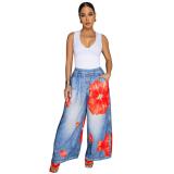 Blue Red Flowers Printed Women Fashion Street Wide Leg Pant Trousers