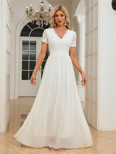 White Lace Short Sleeve V Neck Hollow Out Mesh Please Elegant Wedding Dress