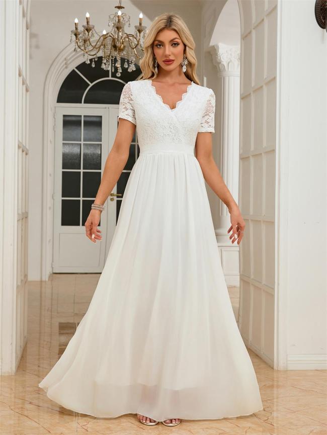 White Lace Short Sleeve V Neck Hollow Out Mesh Please Elegant Wedding Dress