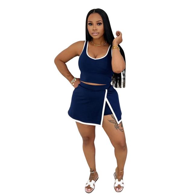Navy Halter Tank Tops Casual Sports Fashion Skirt Pant Sets