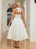 White Straps Boat Neck Pleated Waist Back Lace Up Midi Skirt Dress