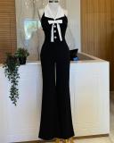 Black Halter V Neck Diamonds Button Bodycon Women Elegant Sexy Jumpsuit